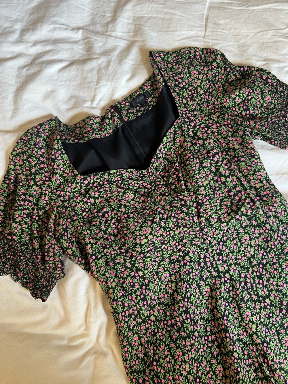 J Crew Black Floral Puff Sleeve Dress with Pink & Green Print
